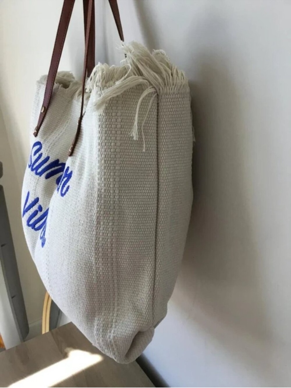Adorable Summer Vibes White Tote Bag with Brown Straps - Picture 3 of 4